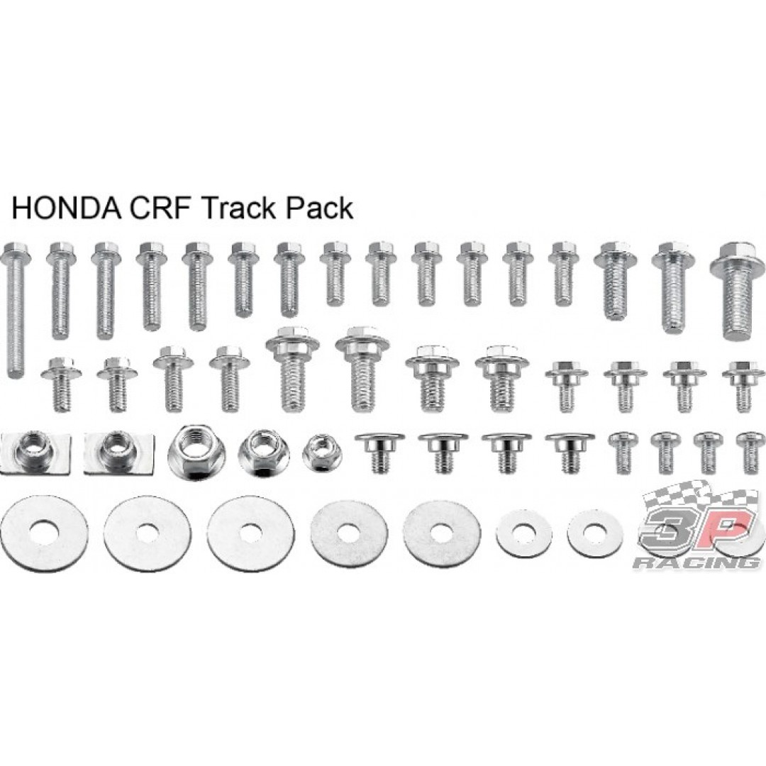 Accel Honda style TRACK pack. Kit includes 50 pieces of bolts,nuts & screws for Honda CR125 CR250 CRF150 CRF230 CRF250 CRF250R CRF250X CRF450 CRF450R CRF450X CRF450RX motocross & enduro bikes. P/N: AC-BKT-03.