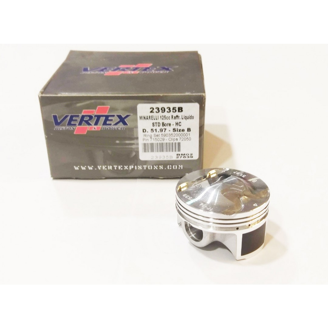 Vertex 23935 piston kit for Minarelli 125cc engines, Yamaha YZF125R XMax125 YP125, XCity125 VP125, MT125 WR125, FanticMotor Caballero TZ 170. P/N:23935, Diameter: 51.97mm(23935B). Compression height 10.80mm, pin diameter 14mm, 4.2mm dome height