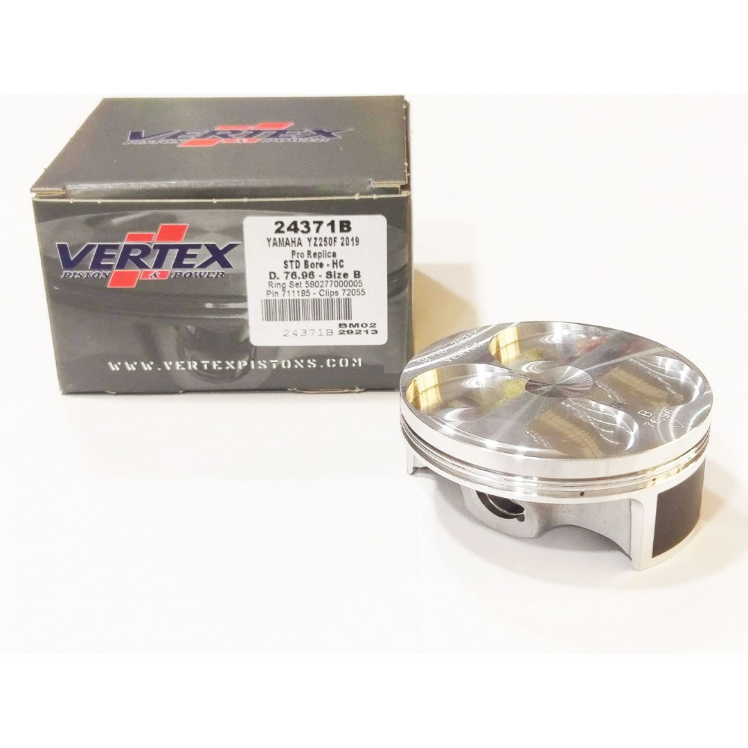 Vertex 24371 "Pro Replica" forged piston kit diameter 77mm for Yamaha YZF250 YZ250F YZ 250F 2019 2020. P/N:24371. Diameter:76.95mm(24371A), 76.96mm(24371B). Standard Compression ratio: 13.3:1