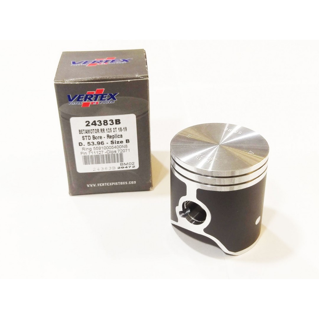 Vertex 24383 "Replica" piston kit diameter 54mm for Betamotor RR125 2-stroke 2018-2019. P/N:24383. Diameter: 53.95mm(24383A), 53.96mm(24383B), 53.97mm(24383C). Kit includes: Piston rings, piston pin & circlips.