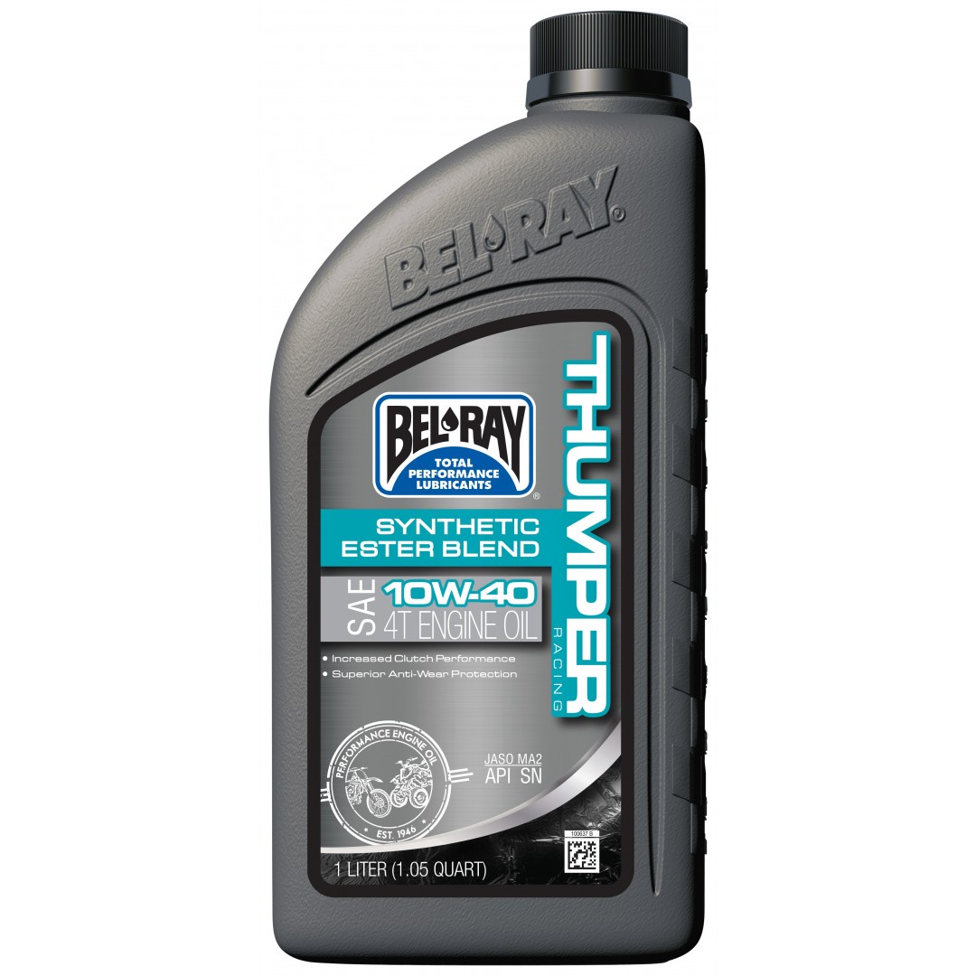 BelRay 99550-B1LW Thumper Racing 1040 10w40 Synthetic ester 4stroke Engine Lubricant 1L 975-04-210401 for all 4-stroke engines. Maximum horsepower and consistent clutch performance. Maximum anti-wear protection for valves, rings, cylinders and pistons. 