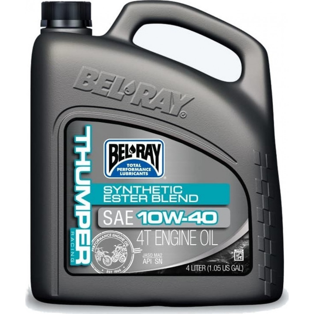BelRay 99520-B4LW Thumper Racing 1040 10w40 Synthetic ester 4stroke Engine Lubricant 4L 975-04-210402 for all 4-stroke engines. Maximum horsepower and consistent clutch performance. Maximum anti-wear protection for valves, rings, cylinders and pistons. 
