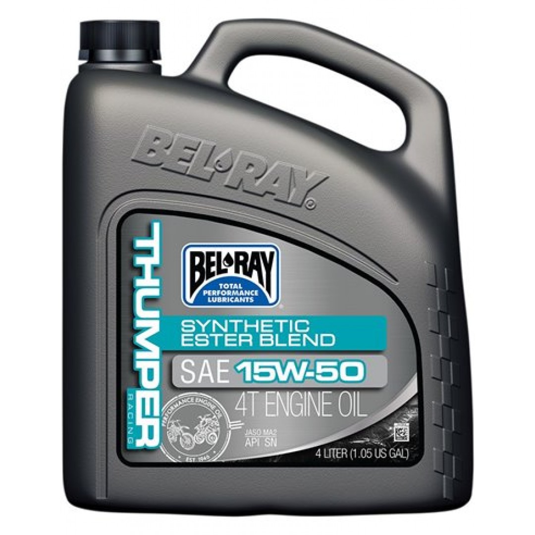 BelRay 99530-B4LW Thumper Racing 1550 15w50 Synthetic ester 4stroke Engine Lubricant 4L 975-04-210501 for all 4-stroke engines. Maximum horsepower and consistent clutch performance. Maximum anti-wear protection for valves, rings, cylinders and pistons. 