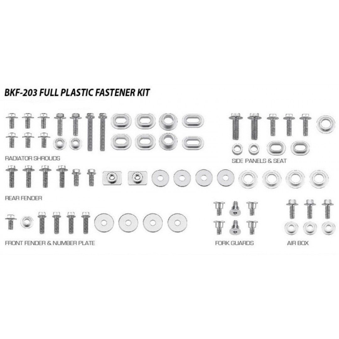 Accel full plastic fastener bolt kit AC-BKF-203 for Yamaha YZF250 YZ250F YZ 250F 2014-2018, YZF450 YZ450F YZ 450F 2014-2017. Kit includes bolts, nuts & spacers for front fender & number plate, radiator shrouds, side panels & seat, fork guards, rear fender