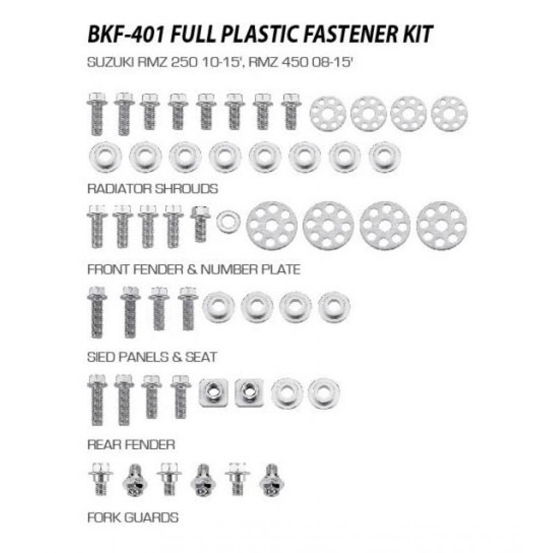 Accel full plastic fastener bolt kit for Suzuki RMZ250 RM-Z250 2010-2018, RMZ450 RM-Z450 2008-2017. Kit includes bolts, nuts & spacers for front fender & number plate, radiator shrouds, side panels & seat, fork guards, rear fender. AC-BKF-401