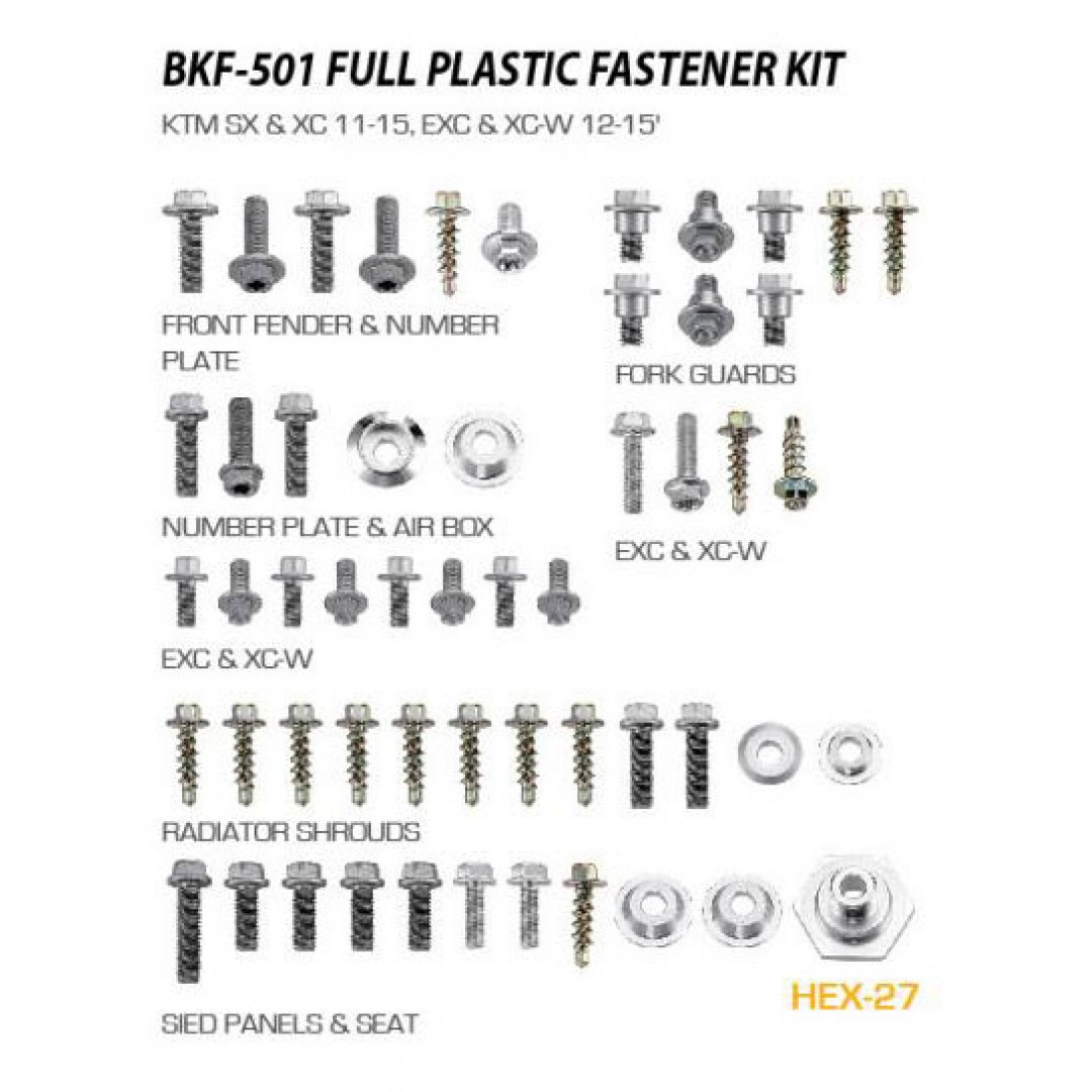 Accel full plastic fastener bolts kit AC-BKF-501 for KTM SX125, SX150, SX250, SX-F250 SXF250, SX-F350 SXF350, SX-F450 SXF450, EXC125, EXC250, EXC300, EXC-F250 EXCF250, EXC-F350 EXCF350, EXC450, EXC500. Screw front rear side fender, radiator, number plate,