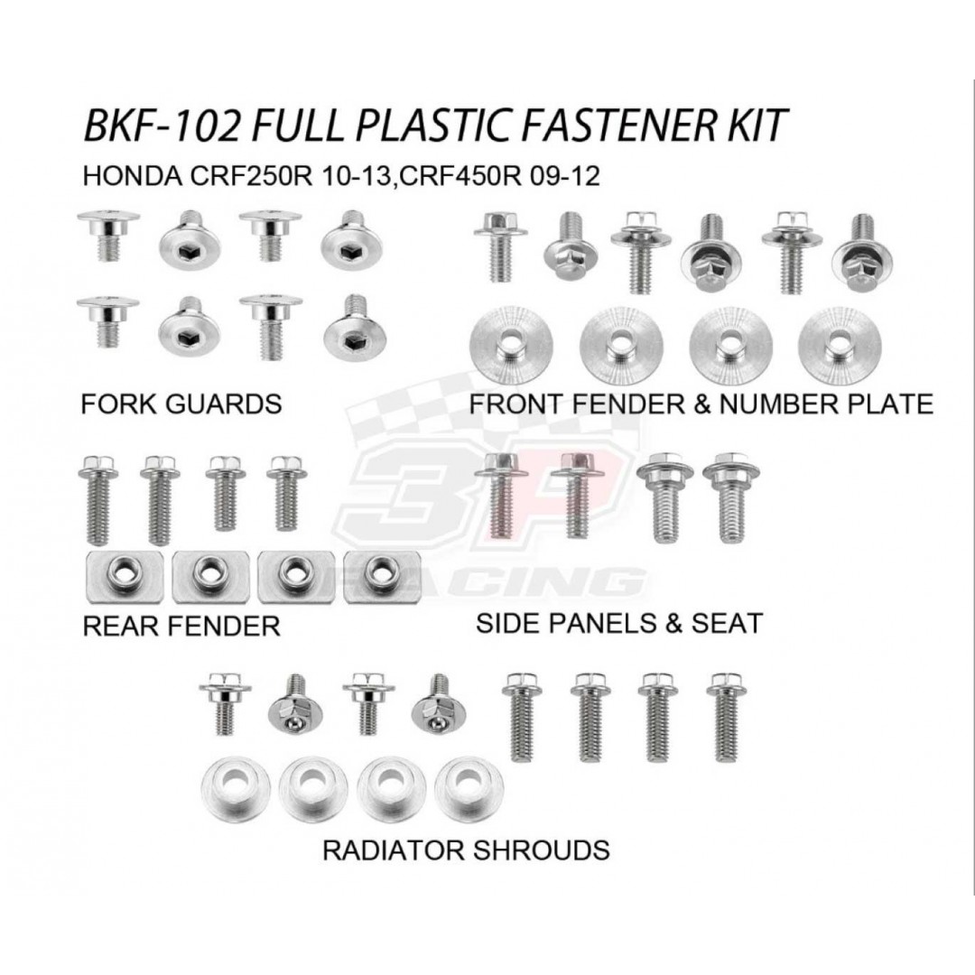 Accel complete plastic parts fastener bolts kit for Honda CRF250 CRF250R 2010-2013, CRF450 CRF450R 2009-2012. Kit includes bolts, nuts & spacers for front fender & number plate, radiator shrouds, side panels & seat,fork guards,rear fender. P/N: AC-BKF-102