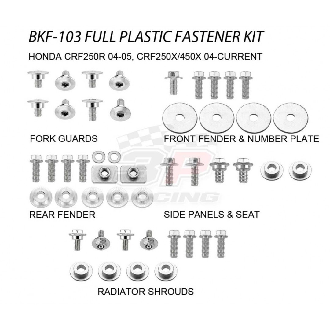 Accel complete plastic parts fastener bolts kit for Honda CRF250 CRF250R 2004-2005, CRF250X 2004-2017, CRF450 CRF450X 2005-2017. Bolts, nuts & spacers for front fender,number plate,radiator shrouds,side panels & seat,fork guards,rear fender. AC-BKF-103