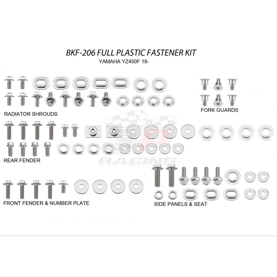 Accel complete plastics parts bolts kit AC-BKF-206 for Yamaha YZ 450F YZ450F YZF450 2018-2019, YZ 250F YZ250F YZF250 2019. Bolts, nuts & spacers for front & rear fender,number plate,radiator shrouds,side panels & seat,fork guards. AC-BKF-206