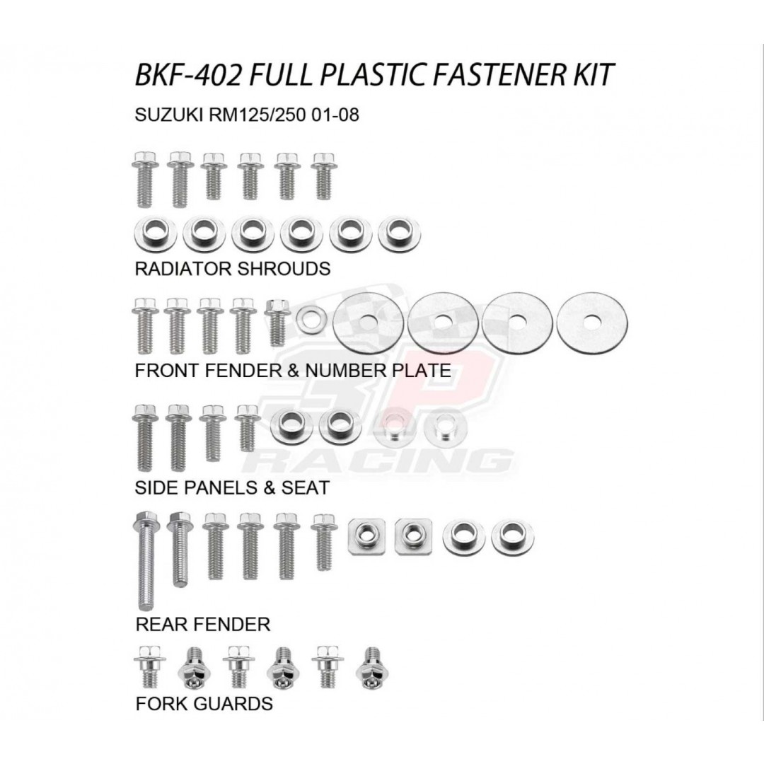 Accel full plastic fastener bolt kit for Suzuki RM125 RM250 2001-2008. Kit includes bolts, nuts & spacers for front fender & number plate, radiator shrouds, side panels & seat, fork guards, rear fender. AC-BKF-402
