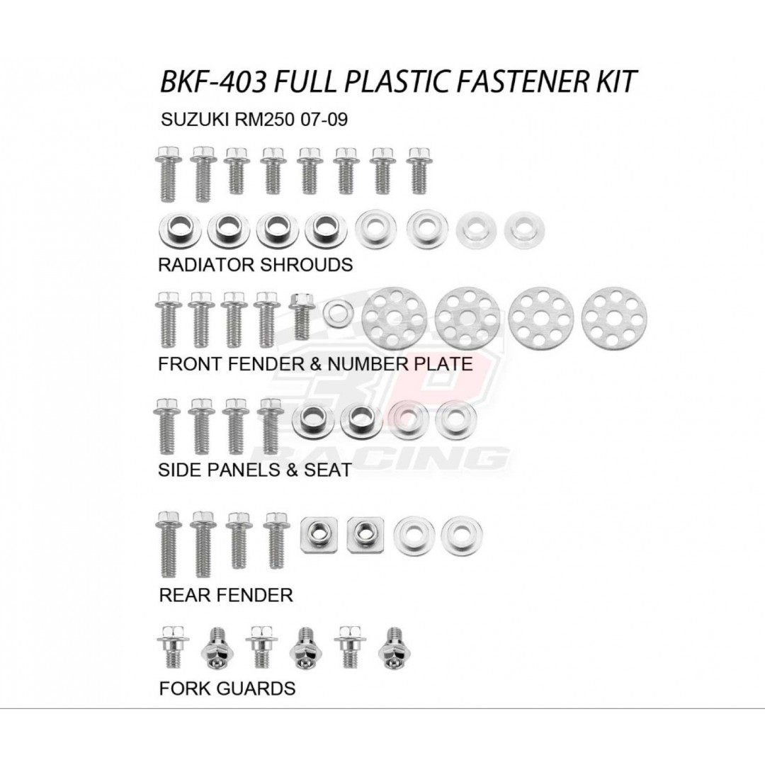 Accel full plastic fastener bolt kit for Suzuki RMZ250 RM-Z250 2007-2009. Kit includes bolts, nuts & spacers for front fender & number plate, radiator shrouds, side panels & seat, fork guards, rear fender. AC-BKF-403