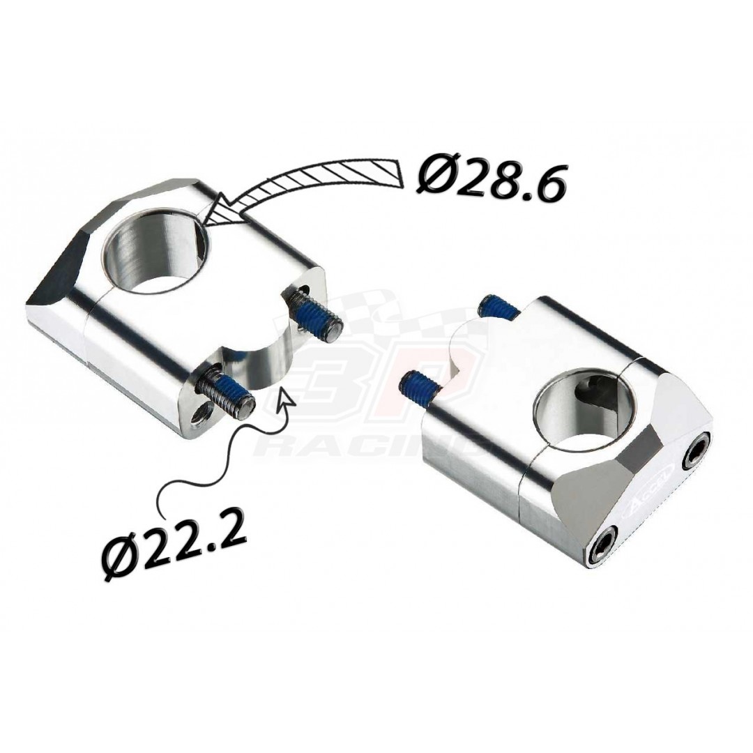 Accel CNC motorcycle handlebar risers - spacer & converter kit with 35mm height and conversion 22.2mm bar to 28.6mm fatbar. Silver color. For all bikes - Universal. P/N: AC-BM-09-28.6SL. CNC machined. Bar bore: For 22.2mm to 28.6mm. Raised Height: 35mm