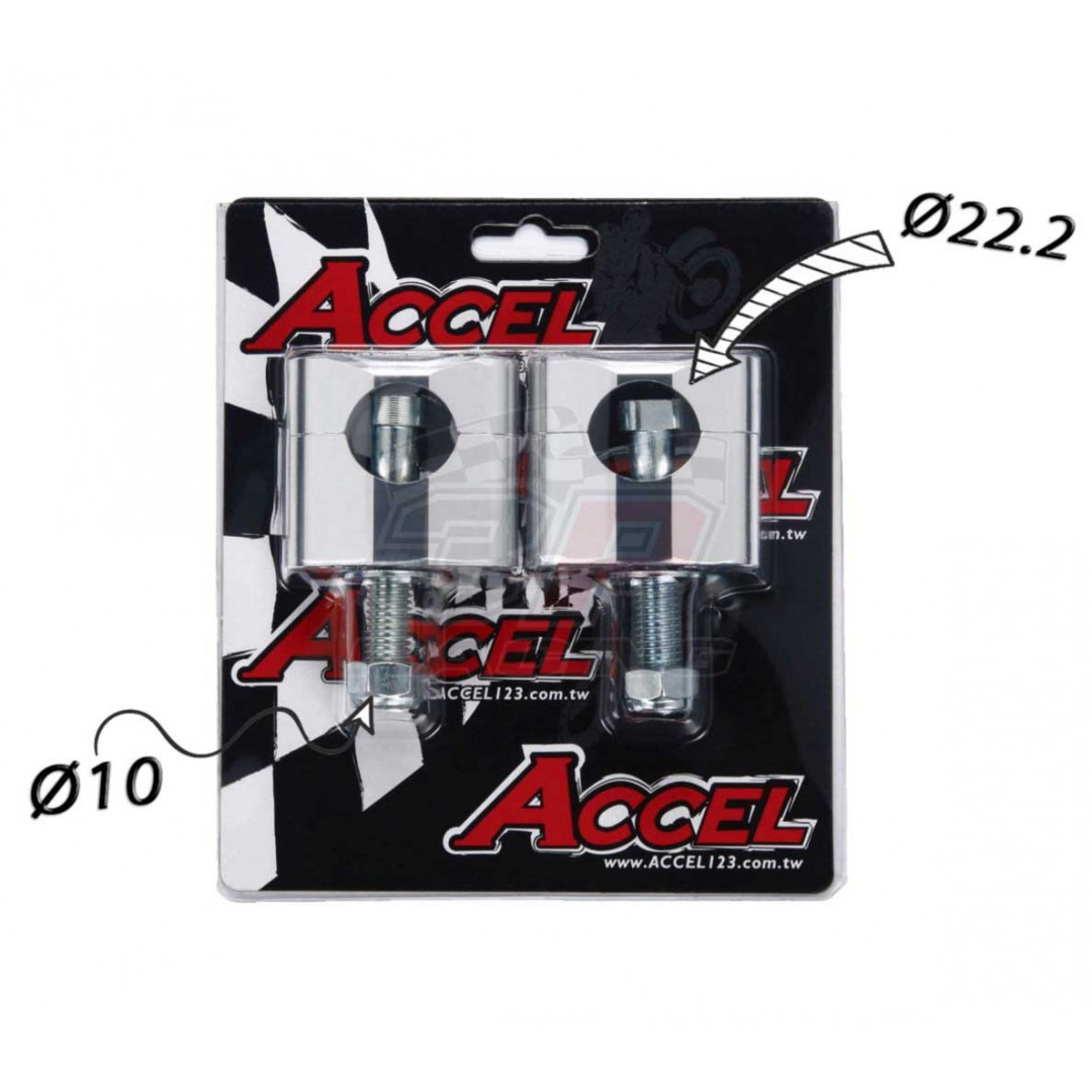 Accel Universal motorcycle handlebar CNC riser kit for 34mm raised height with 10mm bolt. Silver color. For all bikes with 22.2mm bar. P/N: AC-BM-02-22-SR. CNC machined. Bar bore: 22.2mm. Raiser height: 34mm