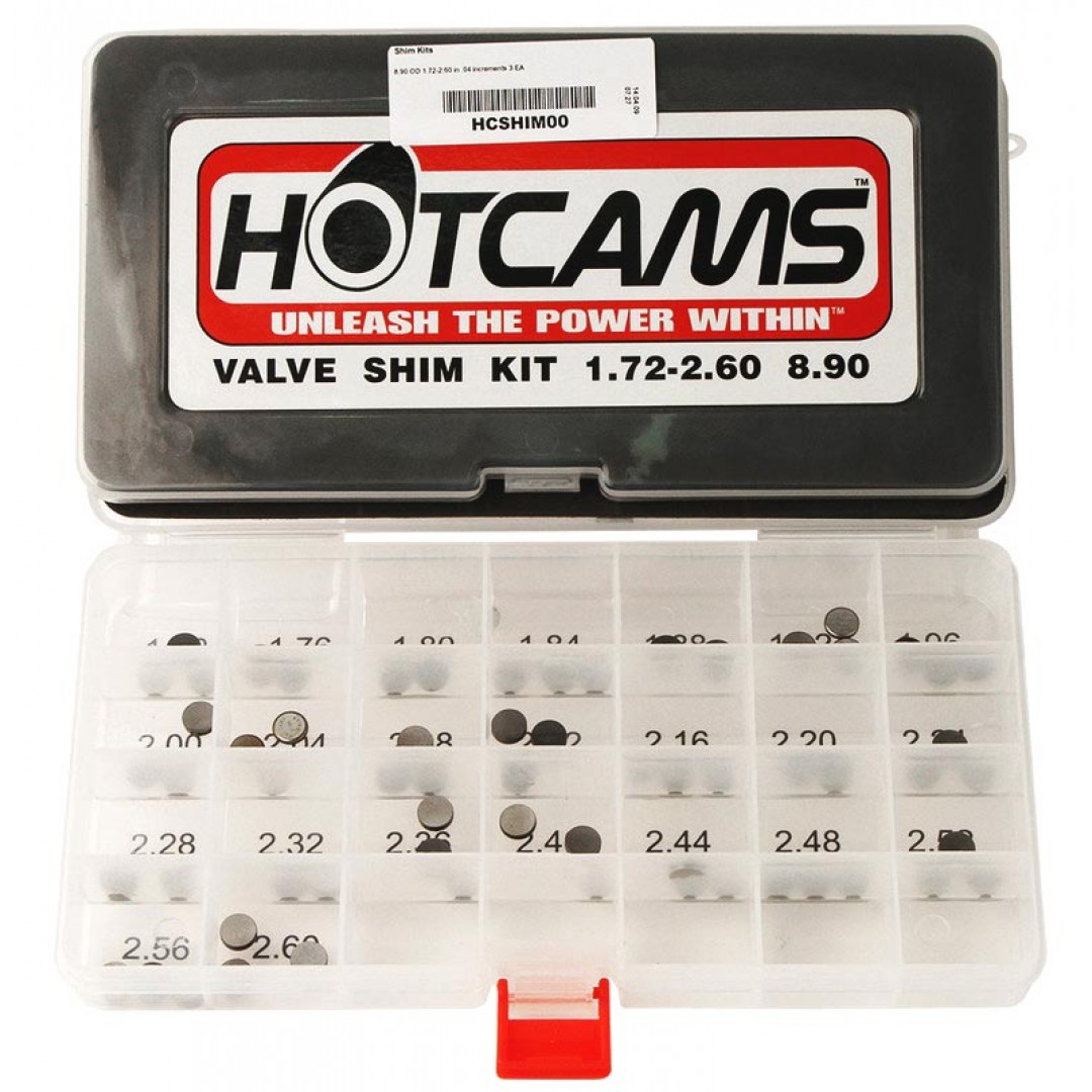 Hot Cams Valve shims HCSHIM00 are made of premium materials. 8.90mm diameter - Includes three valve shims in each size between 1.72mm and 2.60mm in .04mm increments. 69 shims in total. (example: 1.72mm, 1.76mm, 1.80mm, 1.84mm)