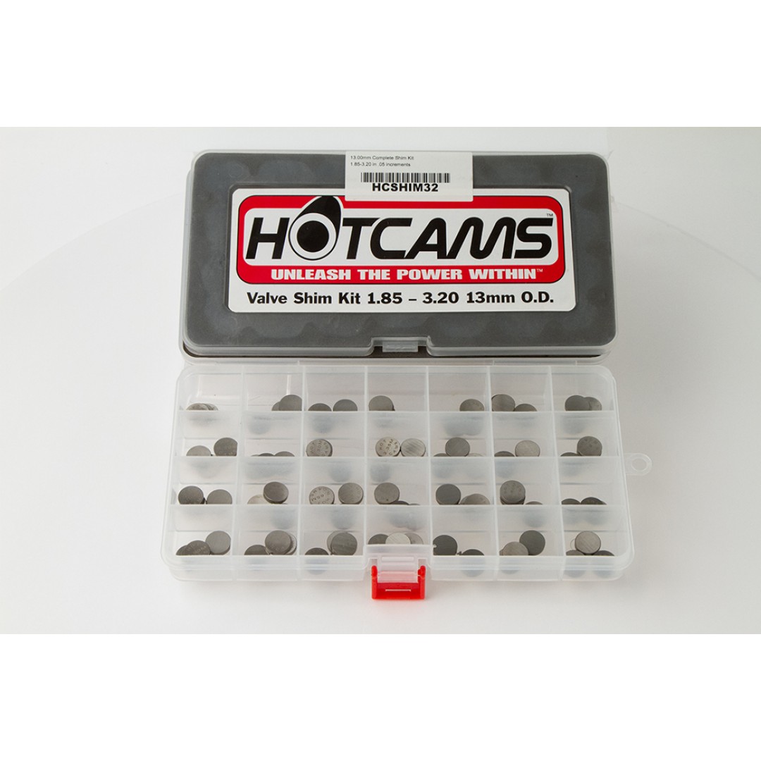 Hot Cams HCSHIM32 Valve shims are made of premium materials. 13.00mm diameter - Includes three valve shims in each size between 1.85mm and 3.20mm in .05mm increments. 84 shims in total. (example: 1.85mm, 1.90mm, 1.95mm, 2.00mm)