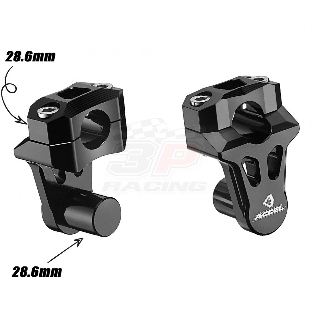 Accel CNC Universal handlebar risers kit, Bar mount kit which allows you to change the bar's angle, turn it closer to ride or further away. Has a 50mm height between mounts and fits 28.6mm bar base holes, converts to 28.6mm fatbar. P/N: AC-TBM-02-28.6