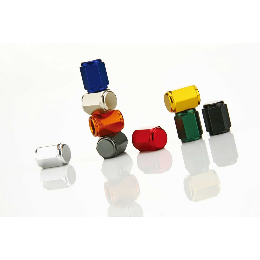 Accel universal tire valve stem caps for motorcycles. Fits Off-road, Street bikes. Color options available: Blue, Gold, Green, Orange, Red. -CNC machined. -Made from AL6061-T6 alloy. -Color anodized. P/N: AC-VC-01