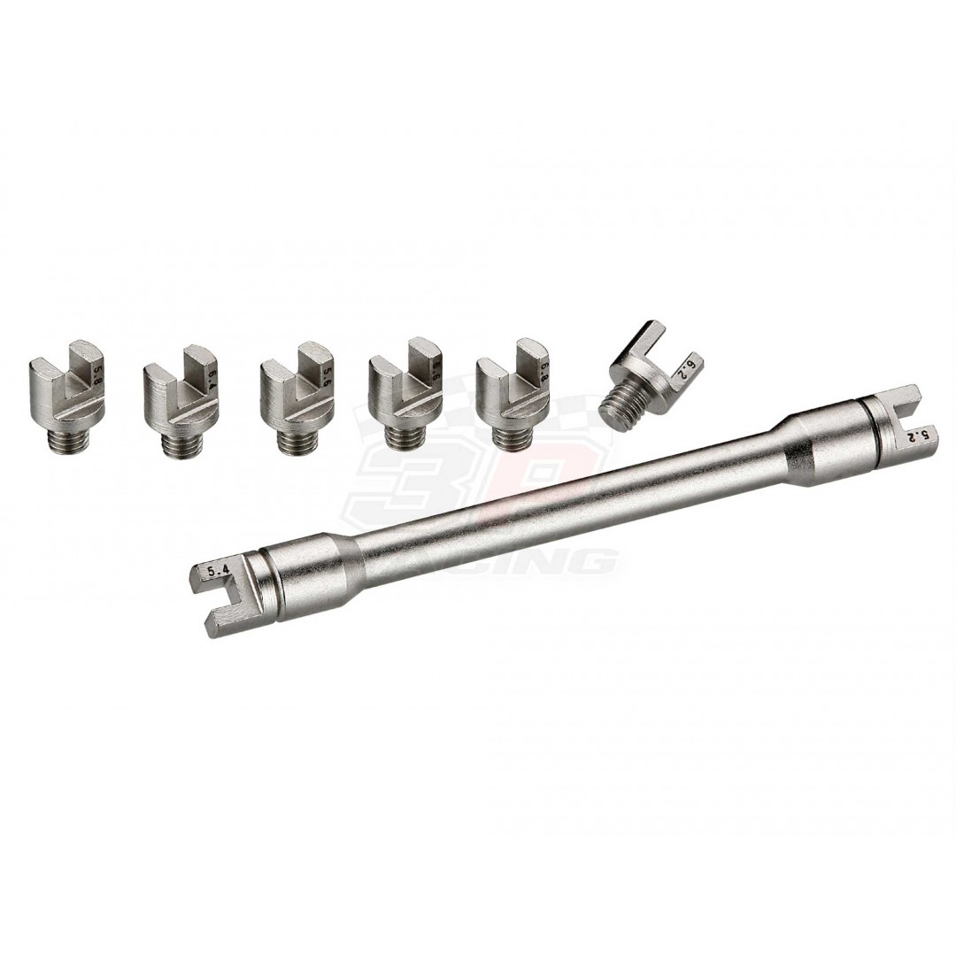 Accel spoke wrench tool set with 8 head sizes. Used to tighten or loosen up the spokes of the motorcycle wheel. Includes 8 pieces of head tools in the following sizes: 5.2mm, 5.4mm, 5.6mm, 5.8mm, 6.2mm, 6.4mm, 6.6mm, 6.8mm heads. P/N: AC-WT-01