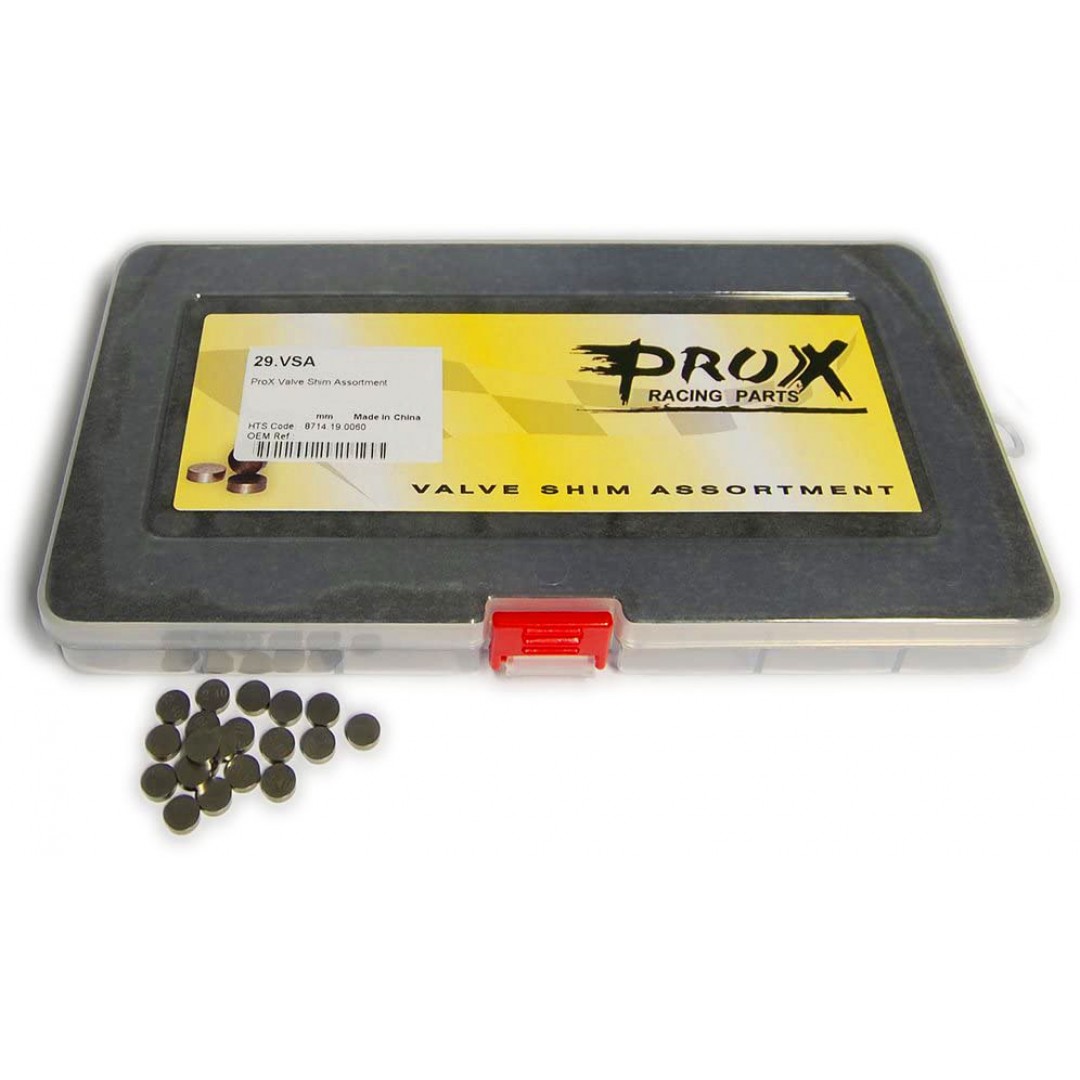 ProX Valve shims are made of premium materials. 7.48mm diameter - Includes three valve shims in each size between 1.20 and 3.50mm in .05mm increments. 141 shims in total. (example: 1.20mm 1.25mm, 1.30mm, 1.35mm, 140mm). P/N: 29.VSA748