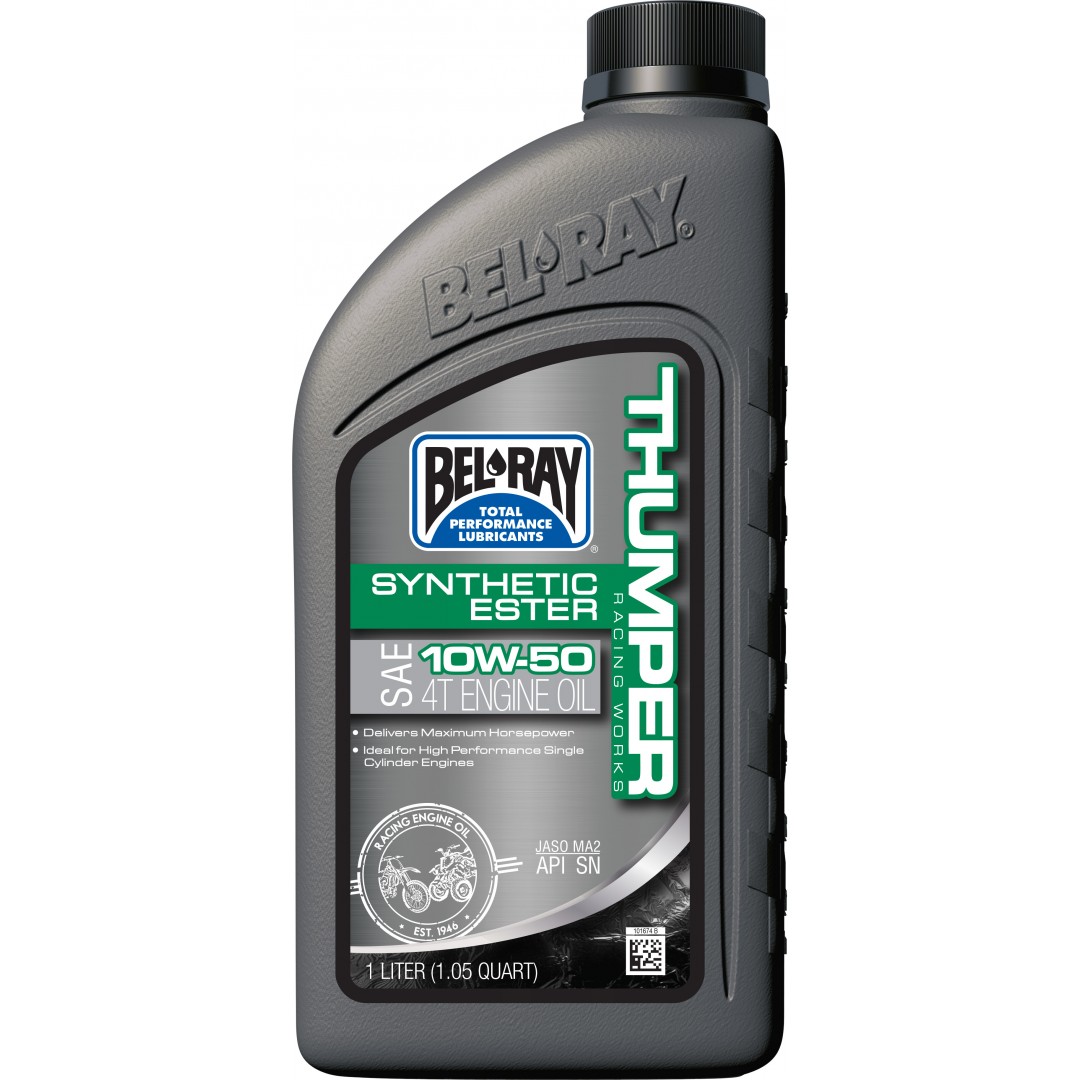 BelRay 99550-B1LW Thumper RacingWorks 1050 10w50 Synthetic ester 4stroke Engine Lubricant 1L 975-04-210501 for all 4-stroke engines. Maximum horsepower and consistent clutch performance. Competition use and is designed to withstand extreme racing conditio