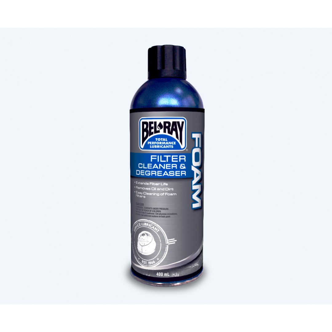 BelRay 99180-A400W aerosol sprey for air filter foams and fiber cleaning & degreasing 975-09-408400. Removes oil and dirt from the filter while also preventing deterioration of the foam cells — maximizing filter life. Will not discolor metals, paints or f