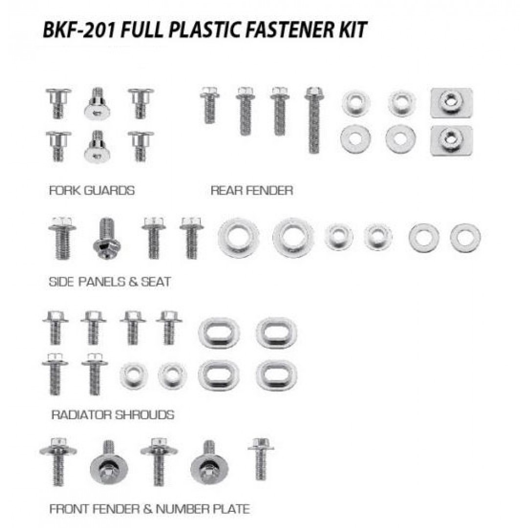 Accel full plastic fastener bolt kit for Yamaha YZ125 , YZ250 2002-2014. Kit includes bolts, nuts & spacers for front fender & number plate, radiator shrouds, side panels & seat, fork guards, rear fender. P/N: AC-BKF-201.