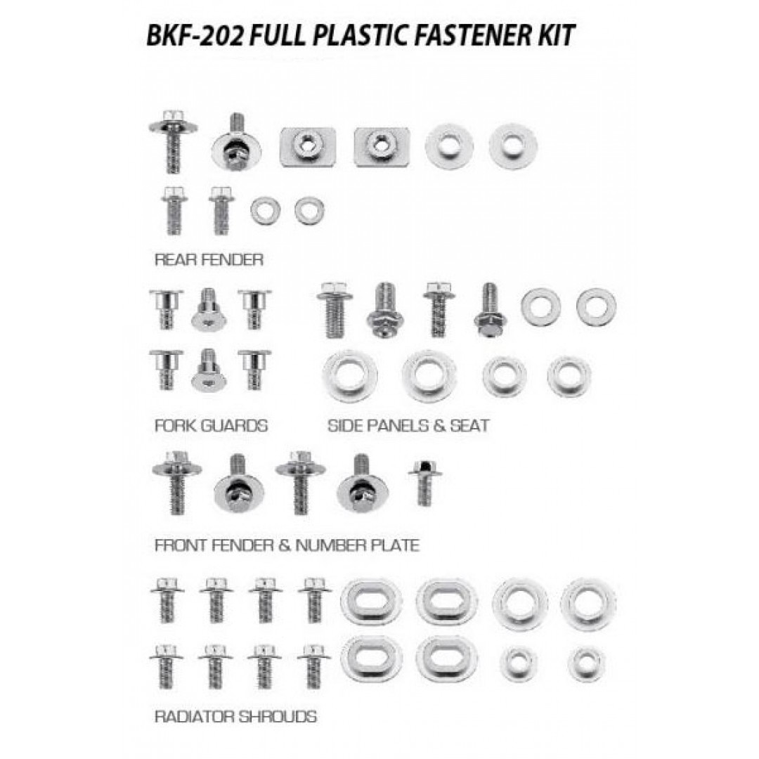 Accel full plastic fastener bolt kit AC-BKF-202 for Yamaha YZF250 YZ250F YZ 250F 2010-2013, WRF450 WR450F WR 450F 2012-2014. Kit includes bolts, nuts & spacers for front fender & number plate, radiator shrouds, side panels & seat, fork guards, rear fender