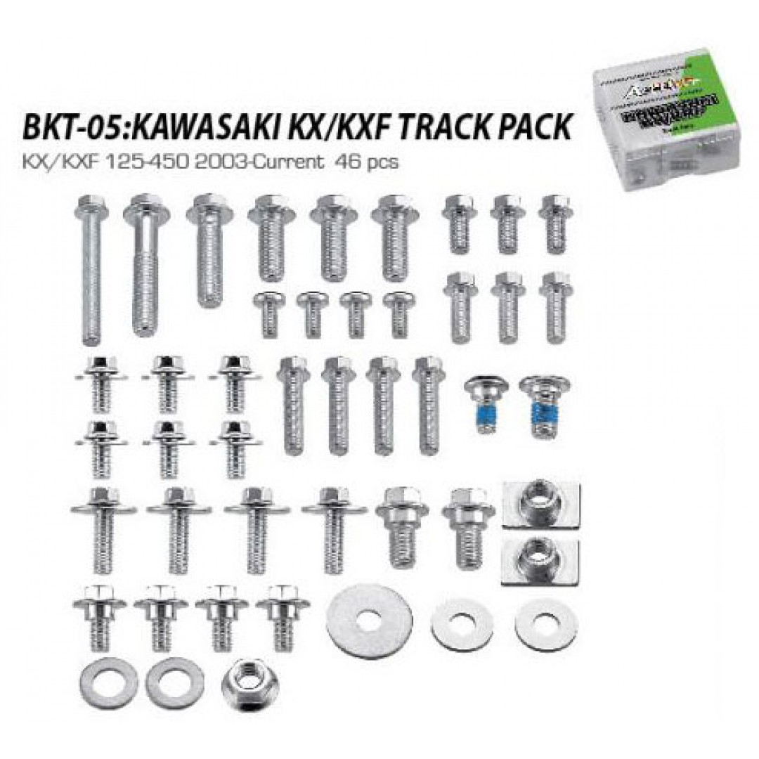 Accel Kawasaki style TRACK pack. Kit includes 46 pieces of bolts,nuts & screws for Kawasaki KX125, KX250, KXF250 KX250F KX 250F, KXF450 KX450F KX 450F. AC-BKT-05