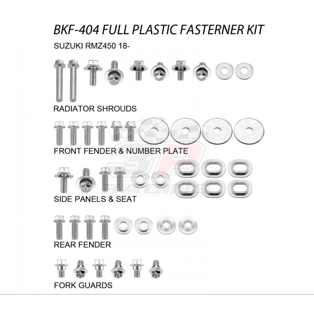 Accel full plastic fastener bolt kit for Suzuki RMZ450 RM-Z450 2018-2019. Kit includes bolts, nuts & spacers for front fender & number plate, radiator shrouds, side panels & seat, fork guards, rear fender. AC-BKF-404
