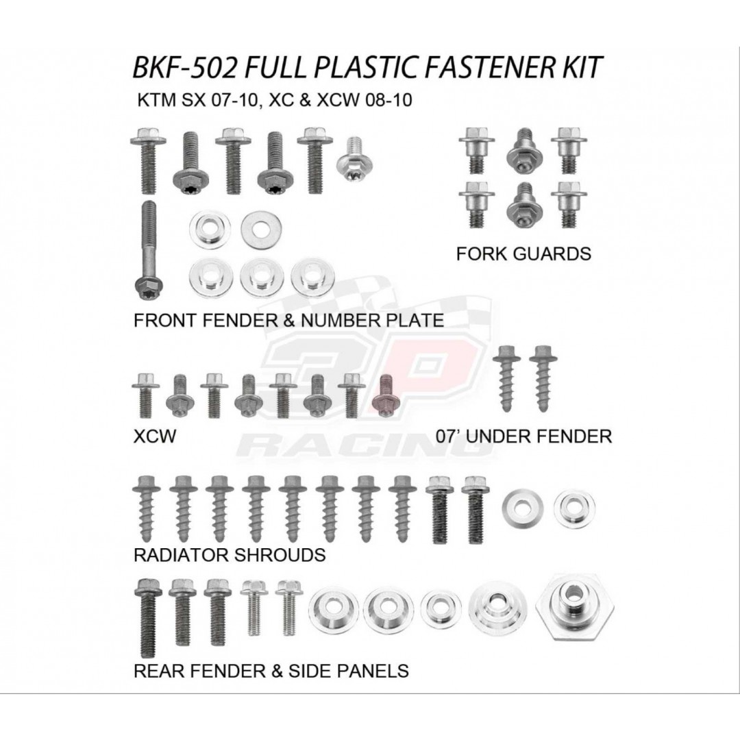 Accel full plastic fastener bolts kit for KTM SX125, SX144 SX150, SX250, SX-F250 SXF250, SX-F450 SXF450 2007-2010. Screws for front rear fender, side panels, radiator shrouds, number plate, fork guards. AC-BKF-502