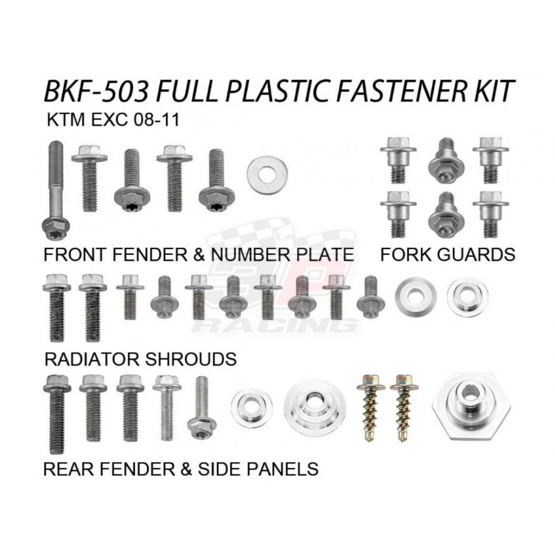 Accel full plastic fastener bolts kit for KTM 2008-2011 EXC125 EXC200 EXC250 EXC300 EXC400 EXC-F250, EXC-R 450 530 EXC-R450 EXC-R530. Screws for front rear fender, side panels, radiator shrouds, number plate, fork guards. AC-BKF-503
