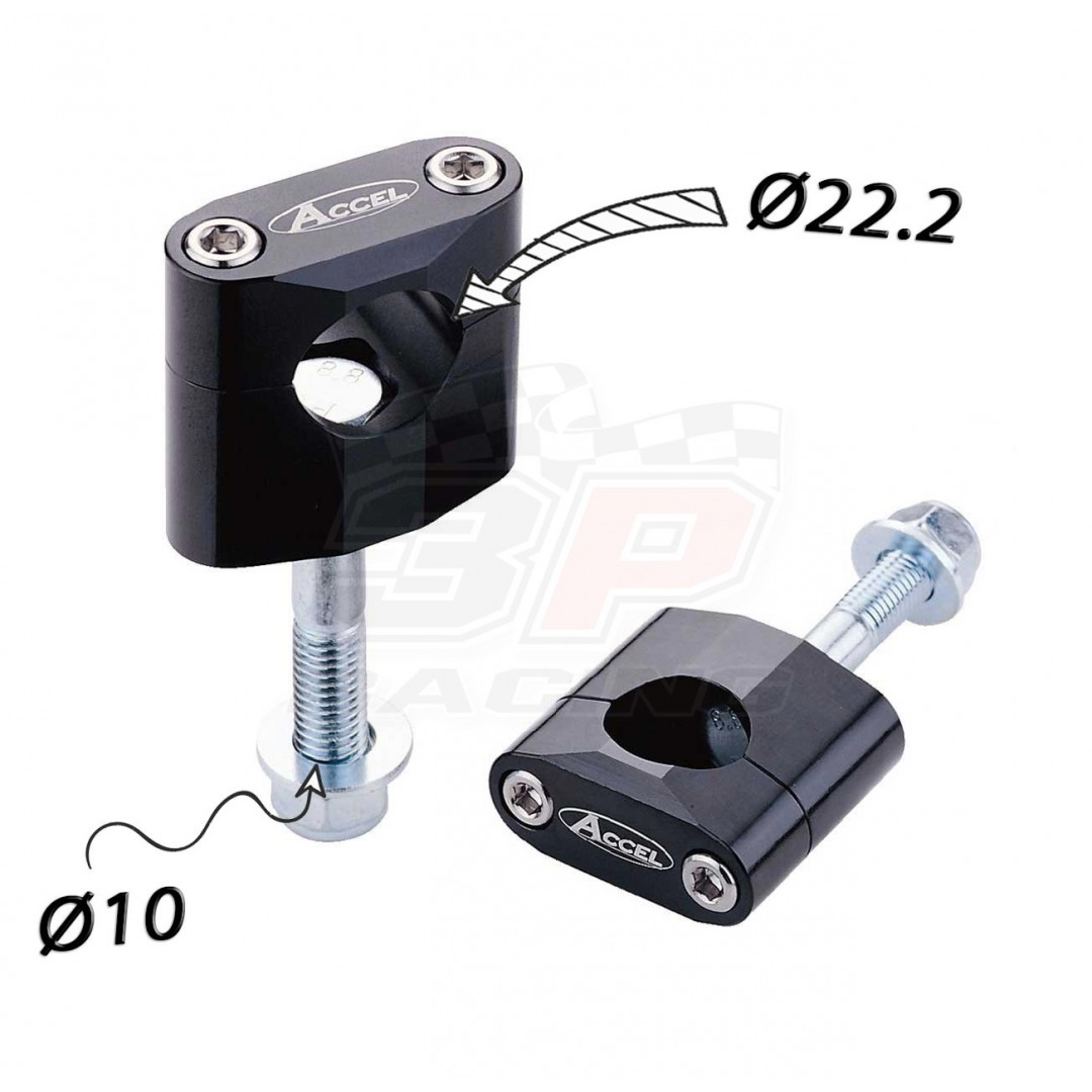 Accel steering bar mounts kit 34mm height with 10mm bolt. Black color. For all bikes with 22.2mm bar - Universal. P/N: AC-BM-02-22-F10 CNC machined. Bar bore: 22.2mm. Height: 34mm