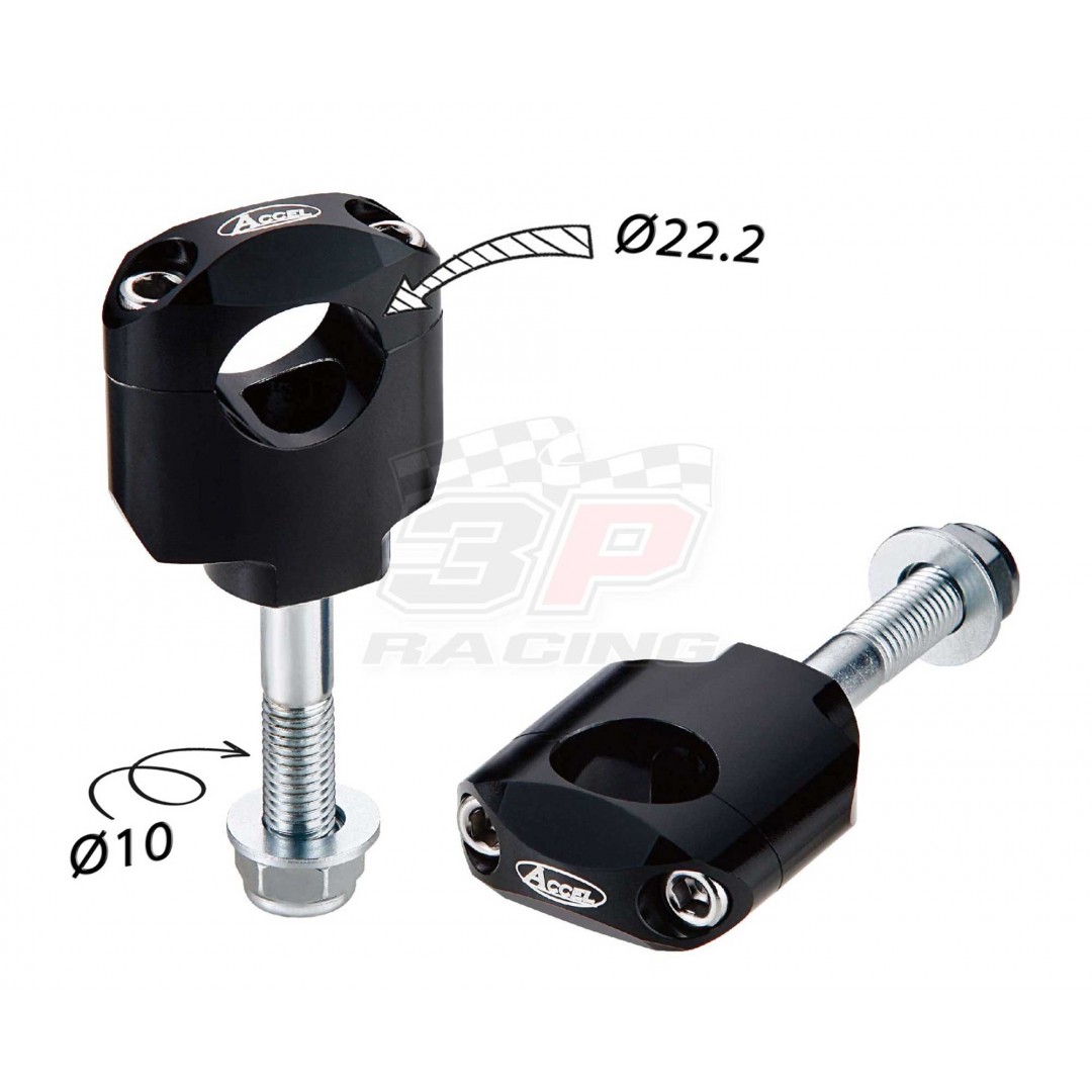 Accel Universal motorcycle handlebar CNC riser - spacer kit for 42mm raised height with 10mm bolt. For all bikes with 22.2m bar - Universal. P/N: AC-BM-37-22-F10. CNC machined. 10mm bolt. Bar bore: 22.2mm. Raiser Height: 42mm