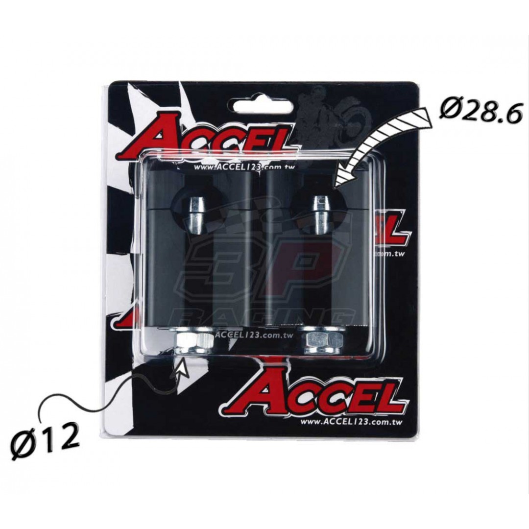 Accel Universal motorcycle handlebar CNC riser - spacer kit for 58.5mm raised height and 12mm bolt. For all bikes with 28.6mm fatbar - Universal. P/N: AC-BM-16-28-F12. CNC machined. 12mm bolt. Bar bore: 28.6mm. Raiser Height: 58.5mm