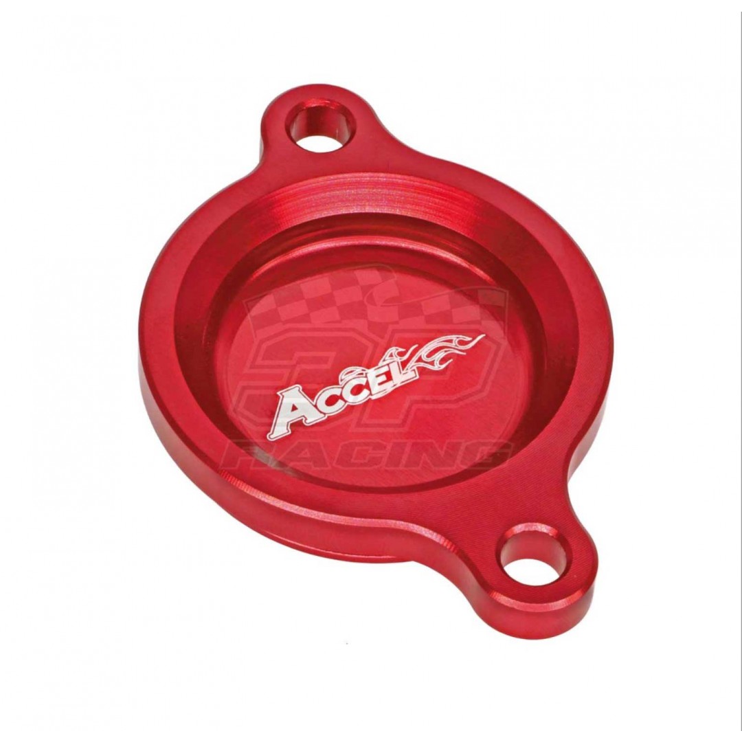 Accel CNC Red oil filter cover Honda OEM 11333-MKE-A00 fits CRF250 CRF250R CRF450 CRF450R CRF450X CRFX450 CRF450RX CRF450L 2017 2018 2019 2020. Made from high quality AL6061-T6 alloy. -More reliable than stock cover. P/N: AC-OFC-103-RD