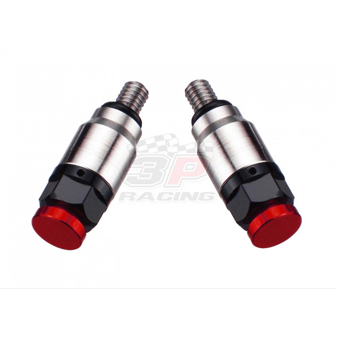 Accel pressure relief valve kit for WP, Marzzochi & Öhlins. Replacement of OEM fork bleeder screws on WP, Marzzochi & Öhlins forks. With M4xP0.7 screw thread. *Set of 2* -CNC machined. -Made from AL6061-T6 alloy. -Anodized. P/N: AC-PRV-02-RD